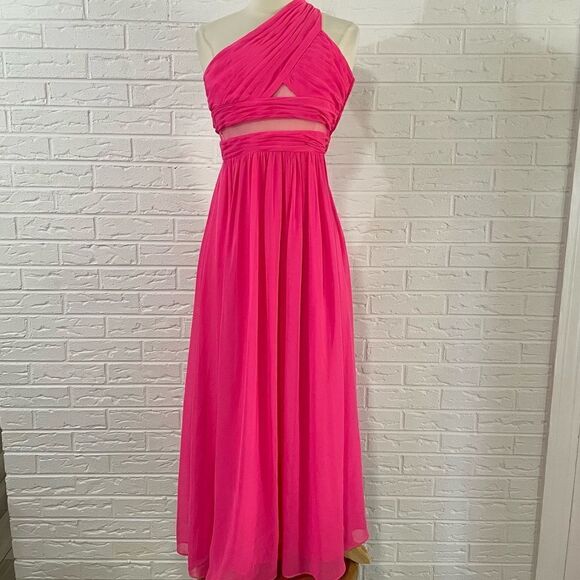 Hailey Logan By Adrianna Papell Hot Pink One Shoulder Long Gown Dress Size 3/4 - Picture 2 of 8